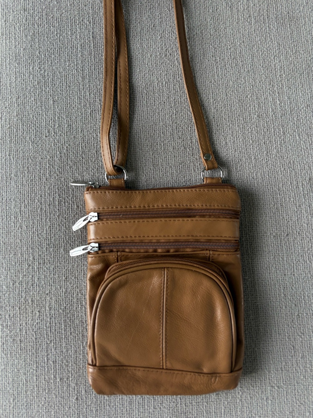 FWB Target Tan Crossbody Bag - Faux Leather Multi Zipper Pockets - Silver